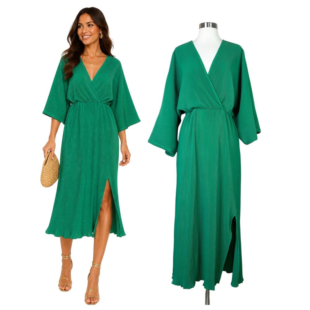 Anthropologie | Emerald Green Plisse Pleated V Neck Cocktail Midi Dress Large L